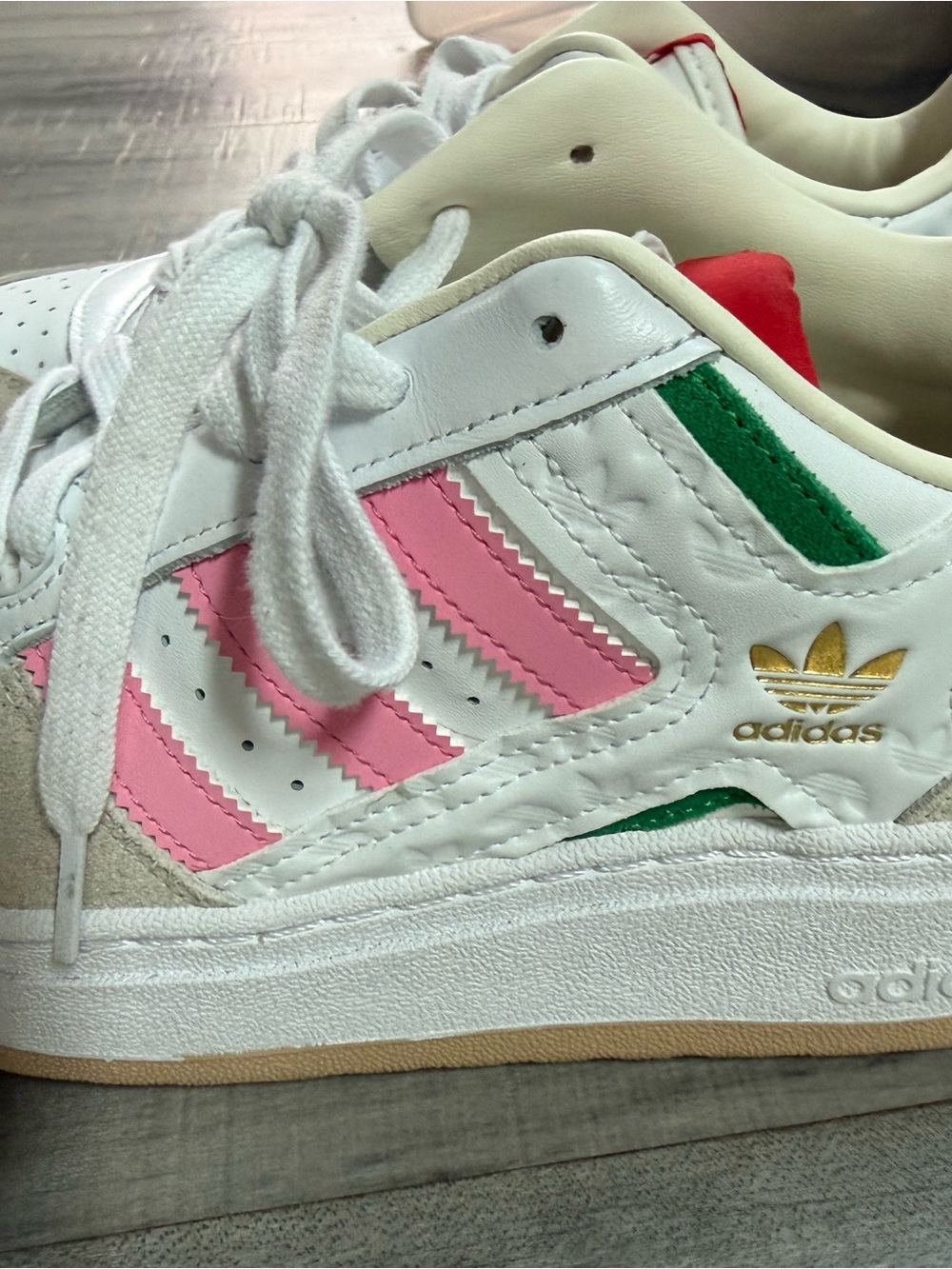 adidas women’s White Pink Green Low-Top Sneakers with Gold Trefoil